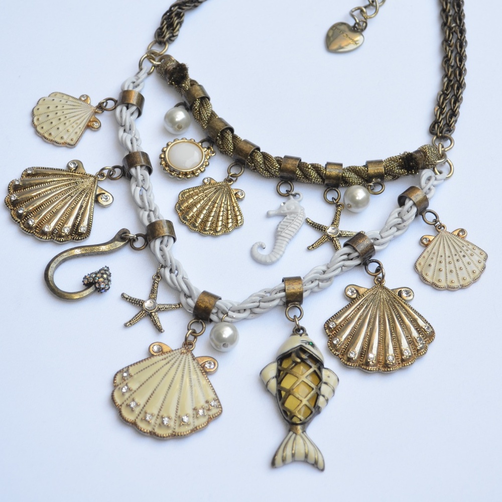 Betsey Johnson Vintage Sea Shell Hook Antique Gold Statement Nautical Necklace